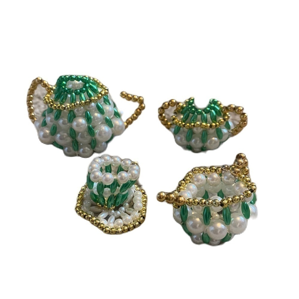 Miniature Tea Set Handmade Beaded Pearl Green Gold White Elf Size Doll